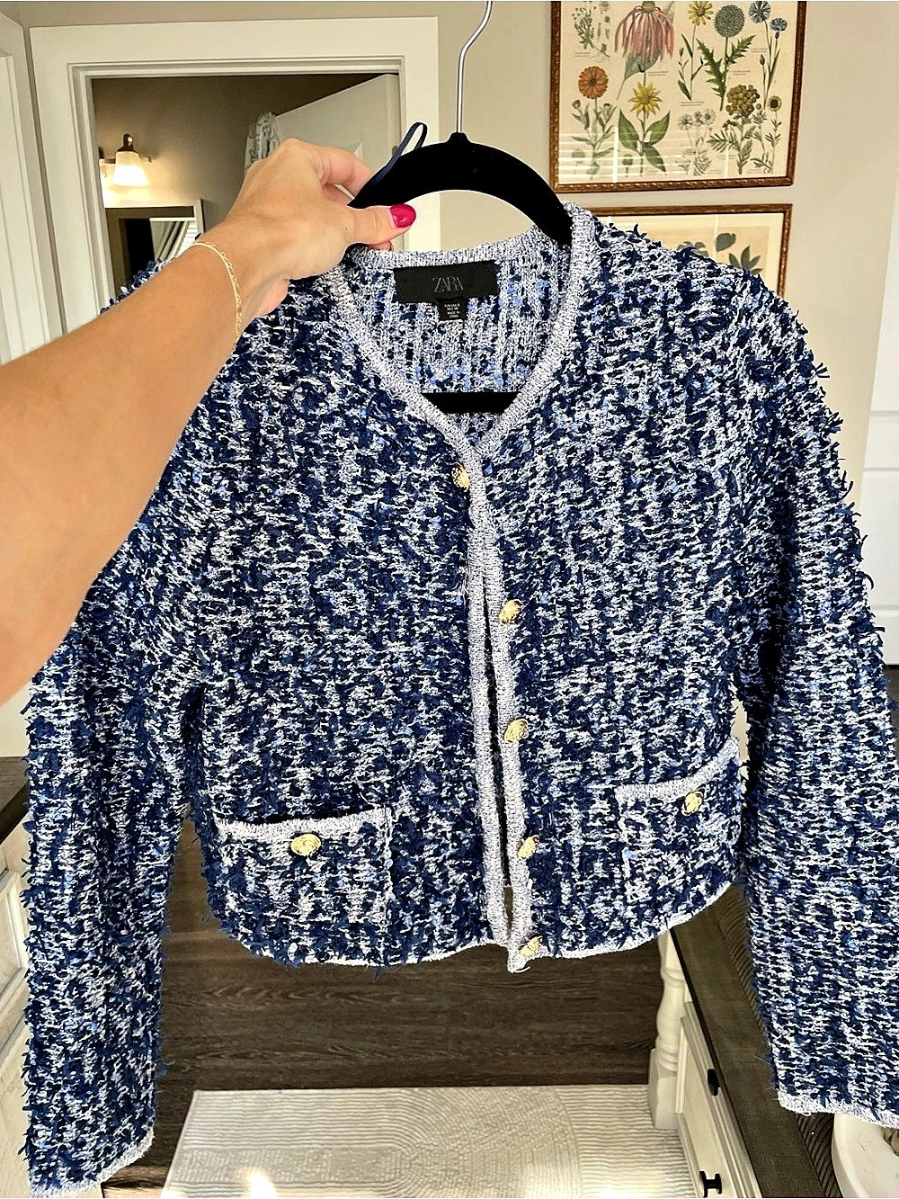 Zara Textured Jacket in Blue & White Size Small